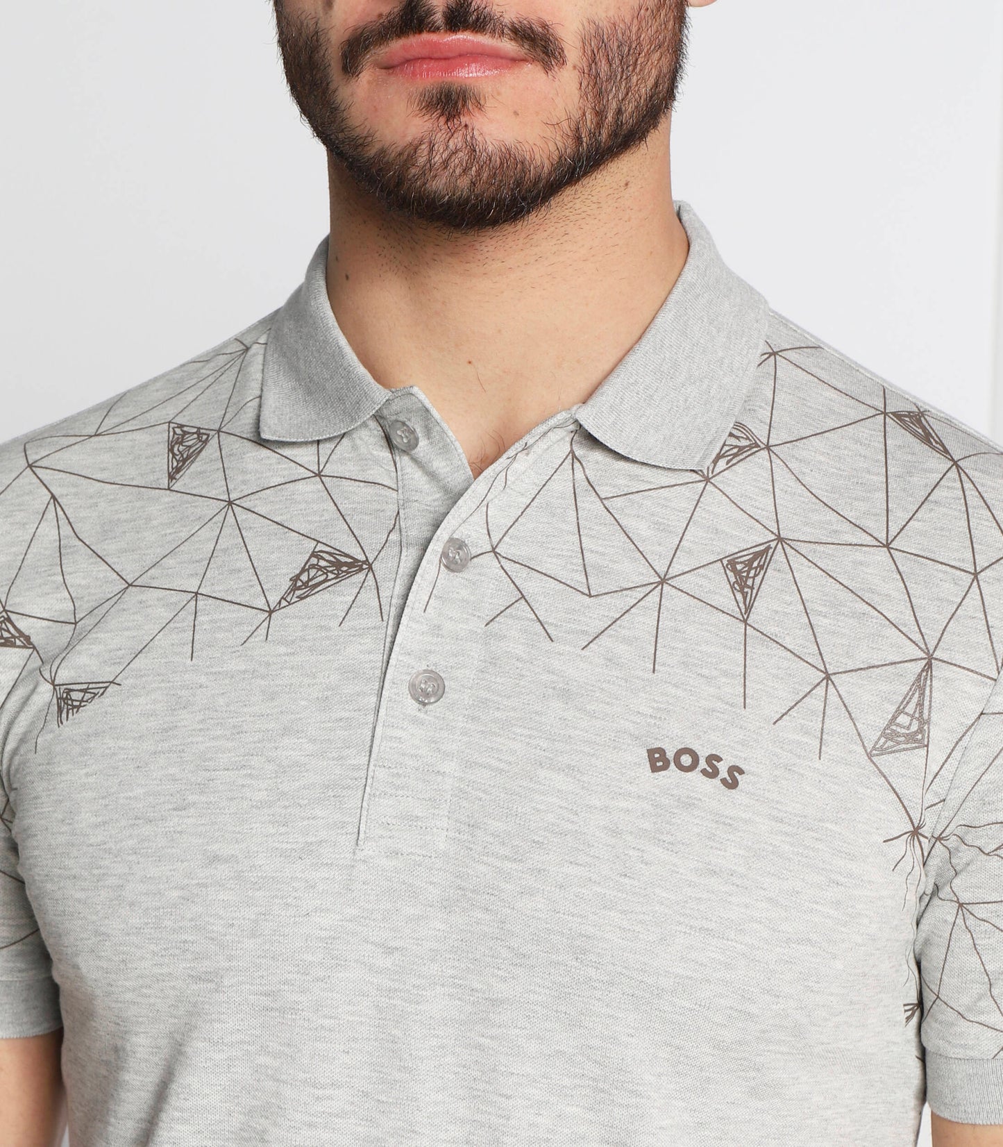 HUGO BOSS. COTTON REGUAR-FIT POLO SHIRT WITH GRID ARTWORK | LIGHT GRAY