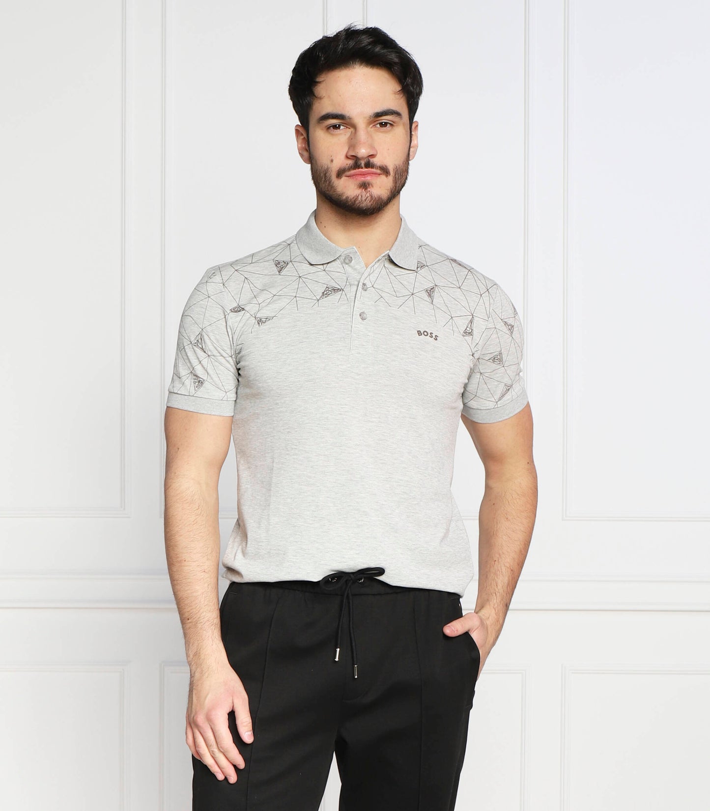 HUGO BOSS. COTTON REGUAR-FIT POLO SHIRT WITH GRID ARTWORK | LIGHT GRAY