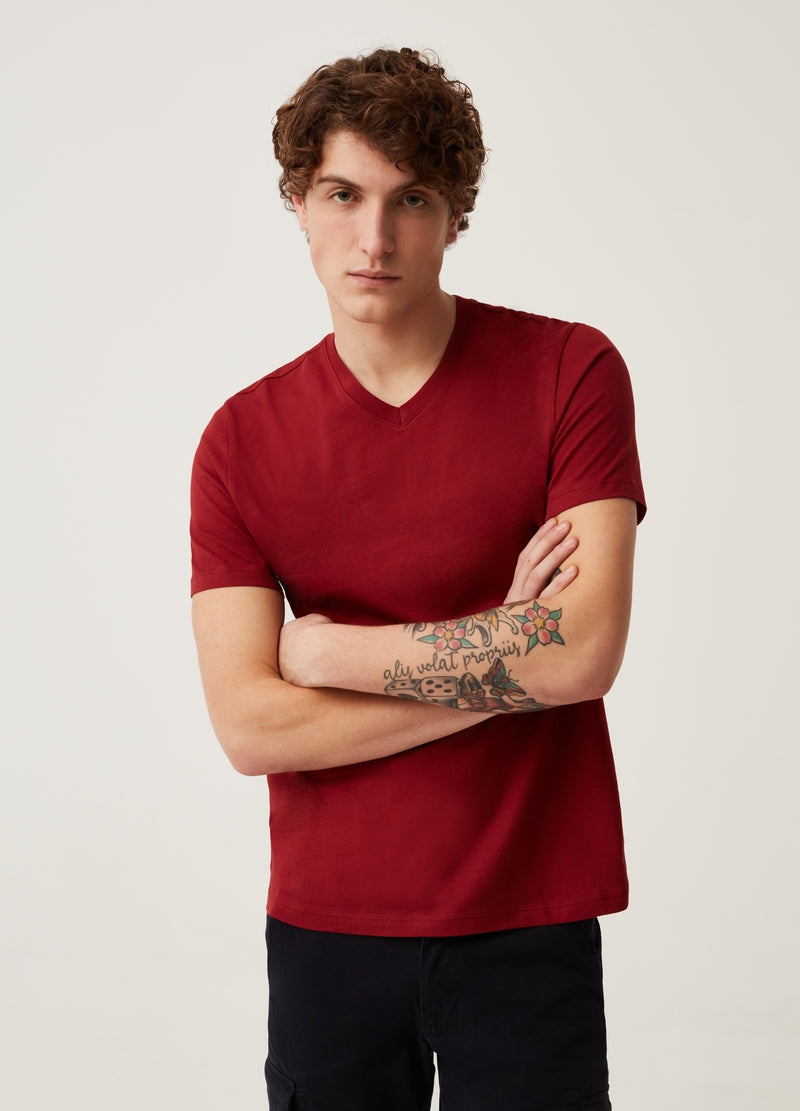 OVS Organic cotton T-shirt with V neck | MAROON