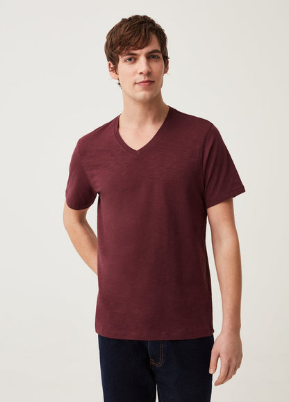 OVS Jersey slub T-shirt with V neck | MAROON