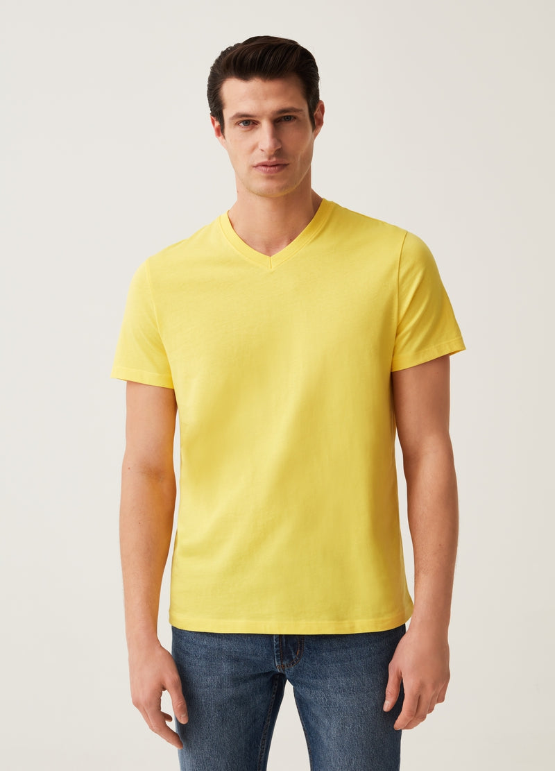 OVS Organic cotton T-shirt with V neck | Yellow