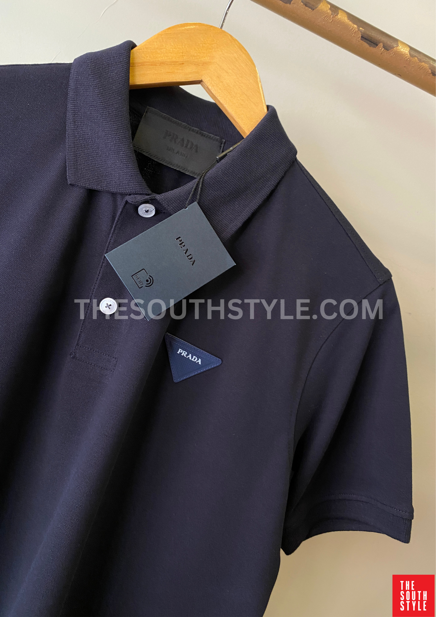 PRADA PIQUE MEN'S PLAIN TRIANGLE LOGO POLO | NAVY