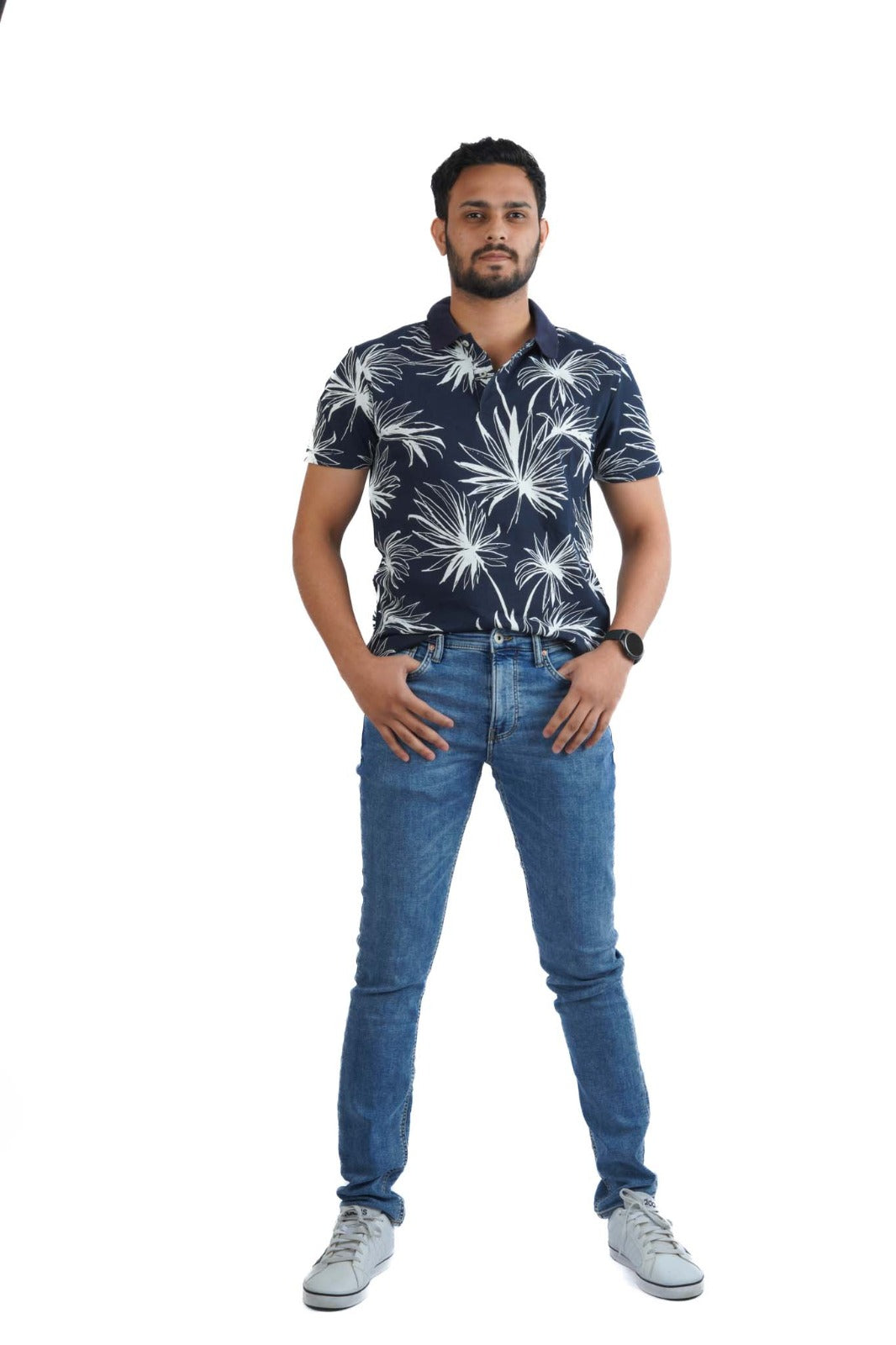 JACK & JONES FLORAL SHORT SLEEVE POLO SHIRT | NAVY BLUE