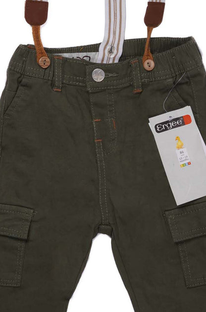 TRENDY STYLISH KHAKI DENIM PANT WITH STRIPED SUSPENDERS ISOLATED