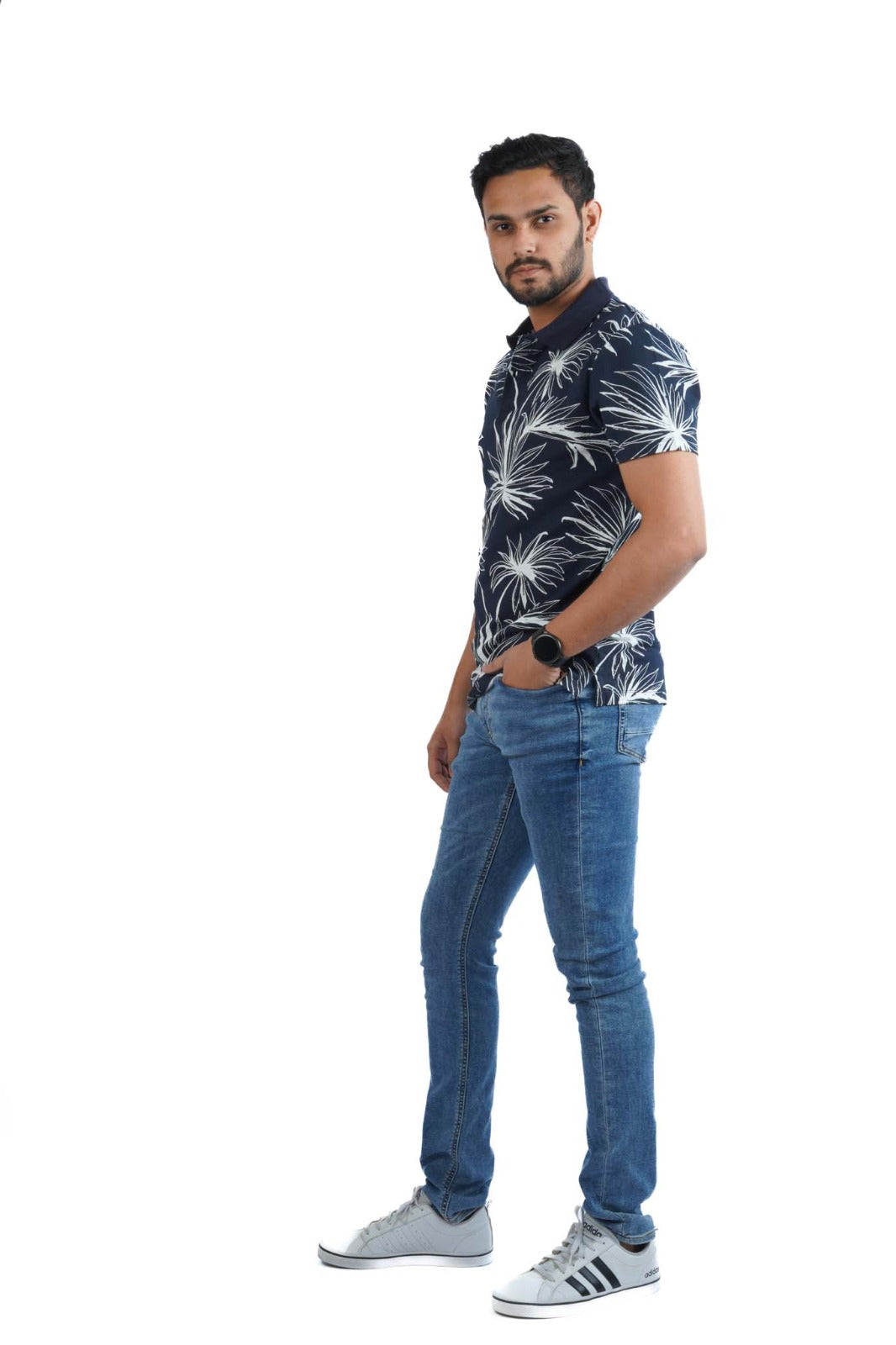 JACK & JONES FLORAL SHORT SLEEVE POLO SHIRT | NAVY BLUE