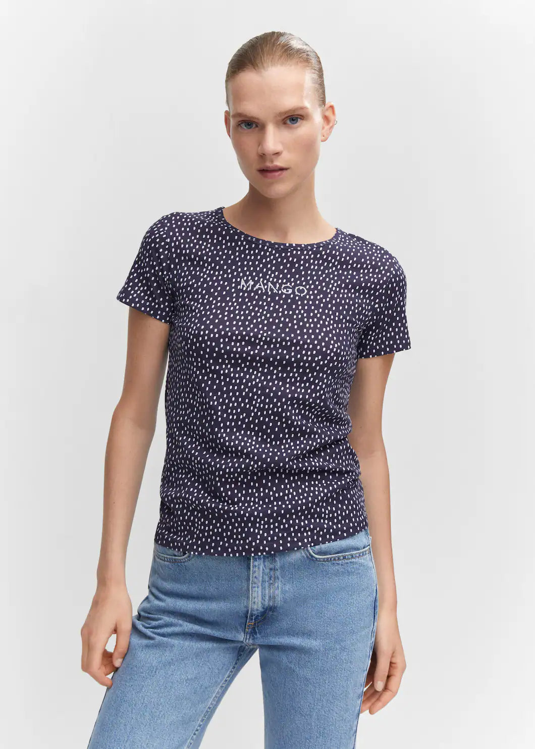 M.A.N.G.O-WOMEN EMBROIDERED LOGO T-SHIRT | NAVY