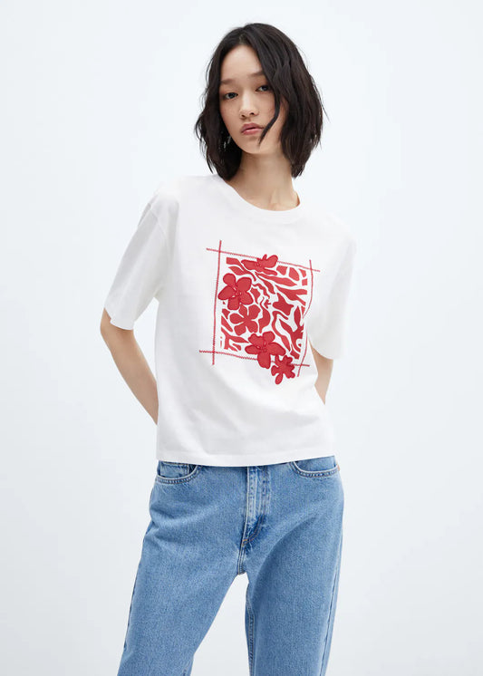 M.A.N.G.O-WOMEN EMBROIDERED DETAILS PRINT T-SHIRT | WHITE