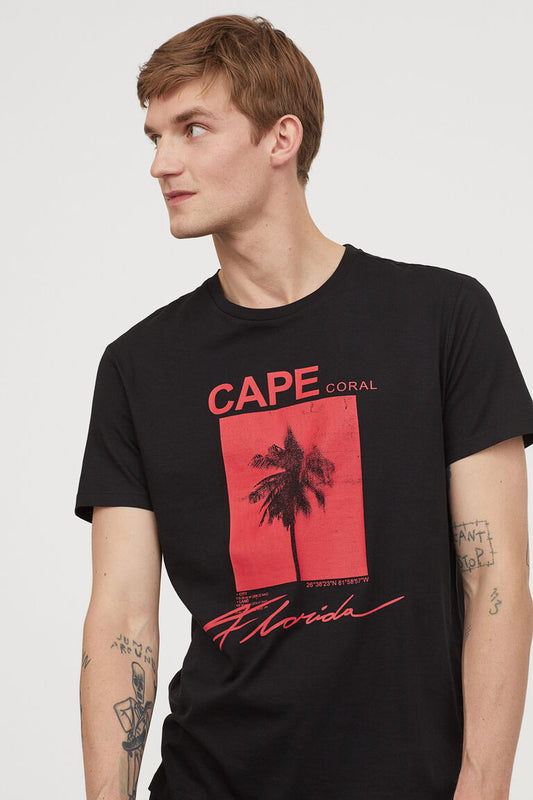 H&M T-SHIRT WITH A MOTIF PRINTED COTTON JERSEY | BLACK