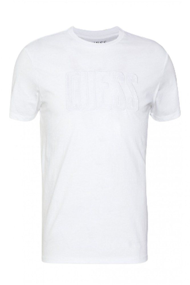 GUESS MEN SHORT SLEEVE BASIC VELVET APPLIQUE LOGO TEE | WHITE