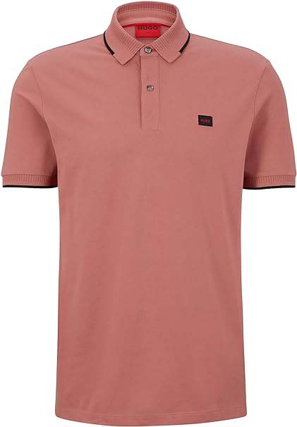 HUGO MENS DERESINO232 COTTON-PIQUE SLIM-FIT POLO SHIRT WITH RED LOGO LABEL | CARROT RED