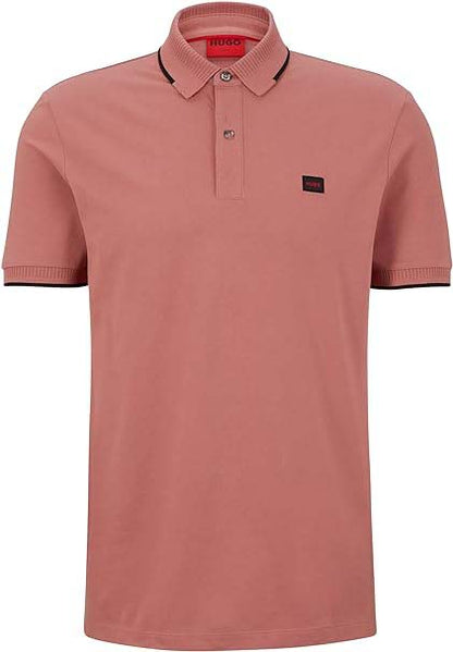 HUGO MENS DERESINO232 COTTON-PIQUE SLIM-FIT POLO SHIRT WITH RED LOGO LABEL | CARROT RED