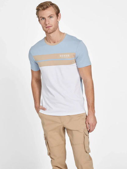 GUESS THOM COLOR-BLOCK LOGO SLIM FIT T-SHIRT | LIGHT BLUE