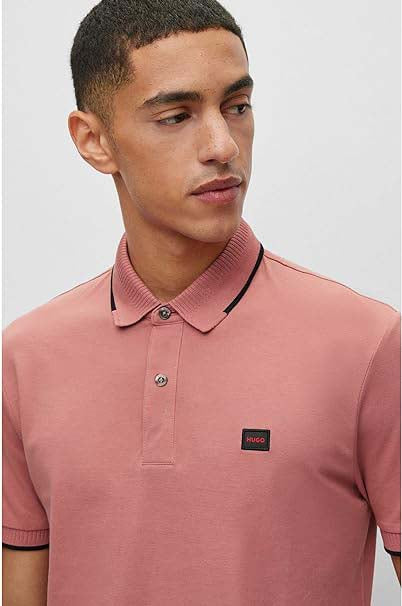 HUGO MENS DERESINO232 COTTON-PIQUE SLIM-FIT POLO SHIRT WITH RED LOGO LABEL | CARROT RED