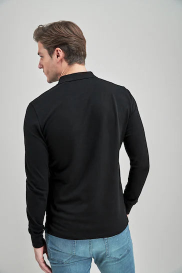 NEXT. - LONG SLEEVE PIQUE POLO SHIRT-MEN | BLACK