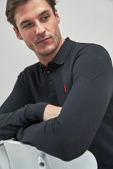 NEXT. - LONG SLEEVE PIQUE POLO SHIRT-MEN | BLACK