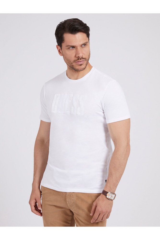 GUESS MEN SHORT SLEEVE BASIC VELVET APPLIQUE LOGO TEE | WHITE