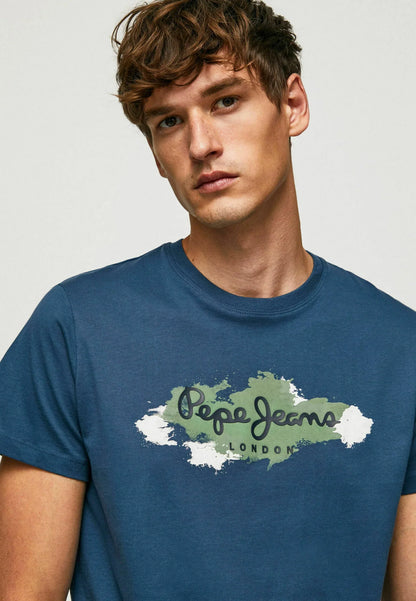 PEPE JEANS-COTTON SLI M FIT -T-SHIRT WITH PRINTED LOGO | NAVY BLUE