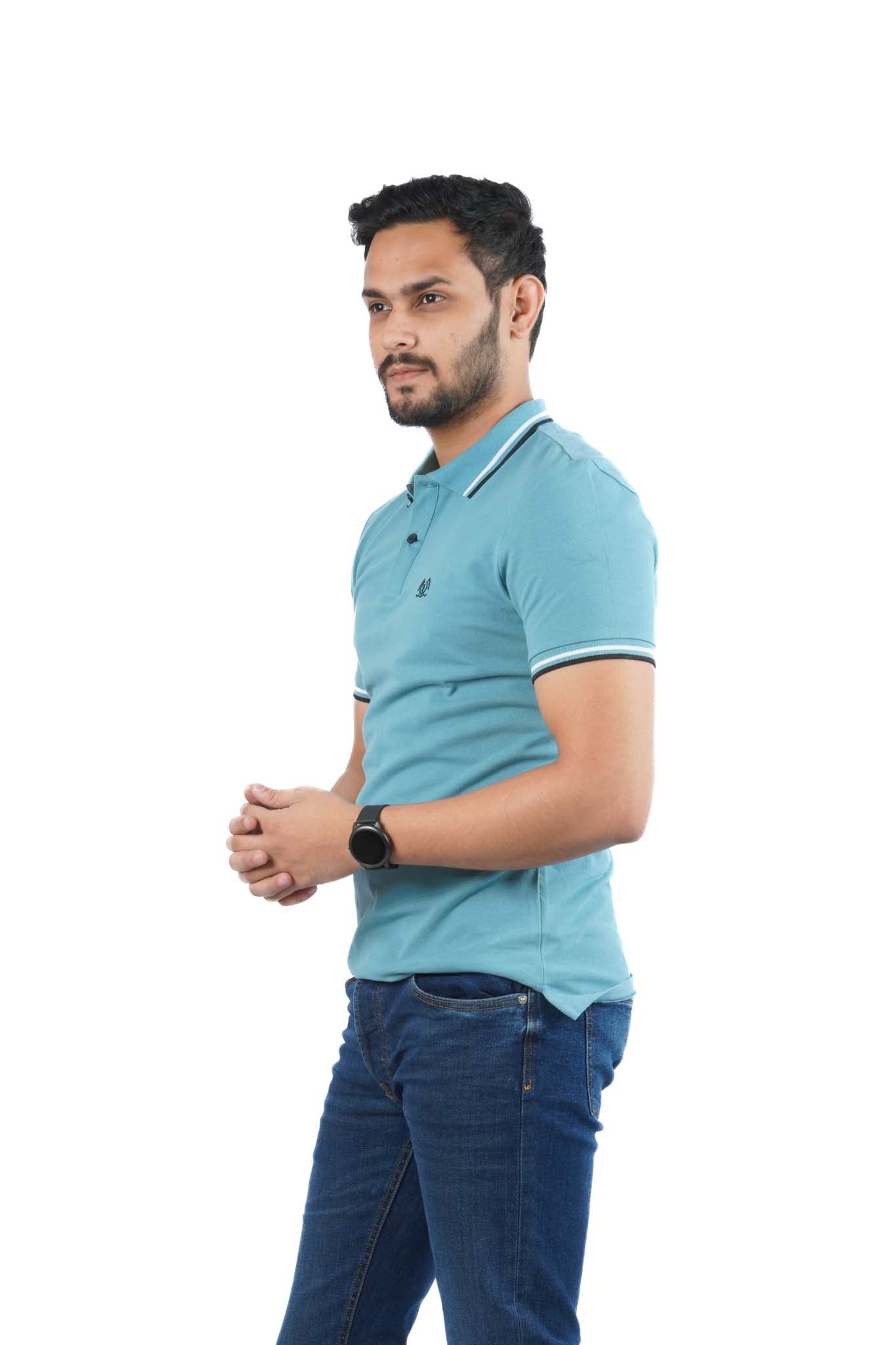 H.&.M MENS TIPPED POLO SHIRT WITH LOGO | SEA GREEN