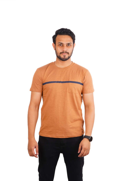 ESPRIT-MENS PREMIUM-BROWN T-SHIRT WITH BLUE CHEST STRIP