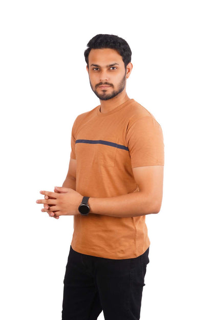 ESPRIT-MENS PREMIUM-BROWN T-SHIRT WITH BLUE CHEST STRIP