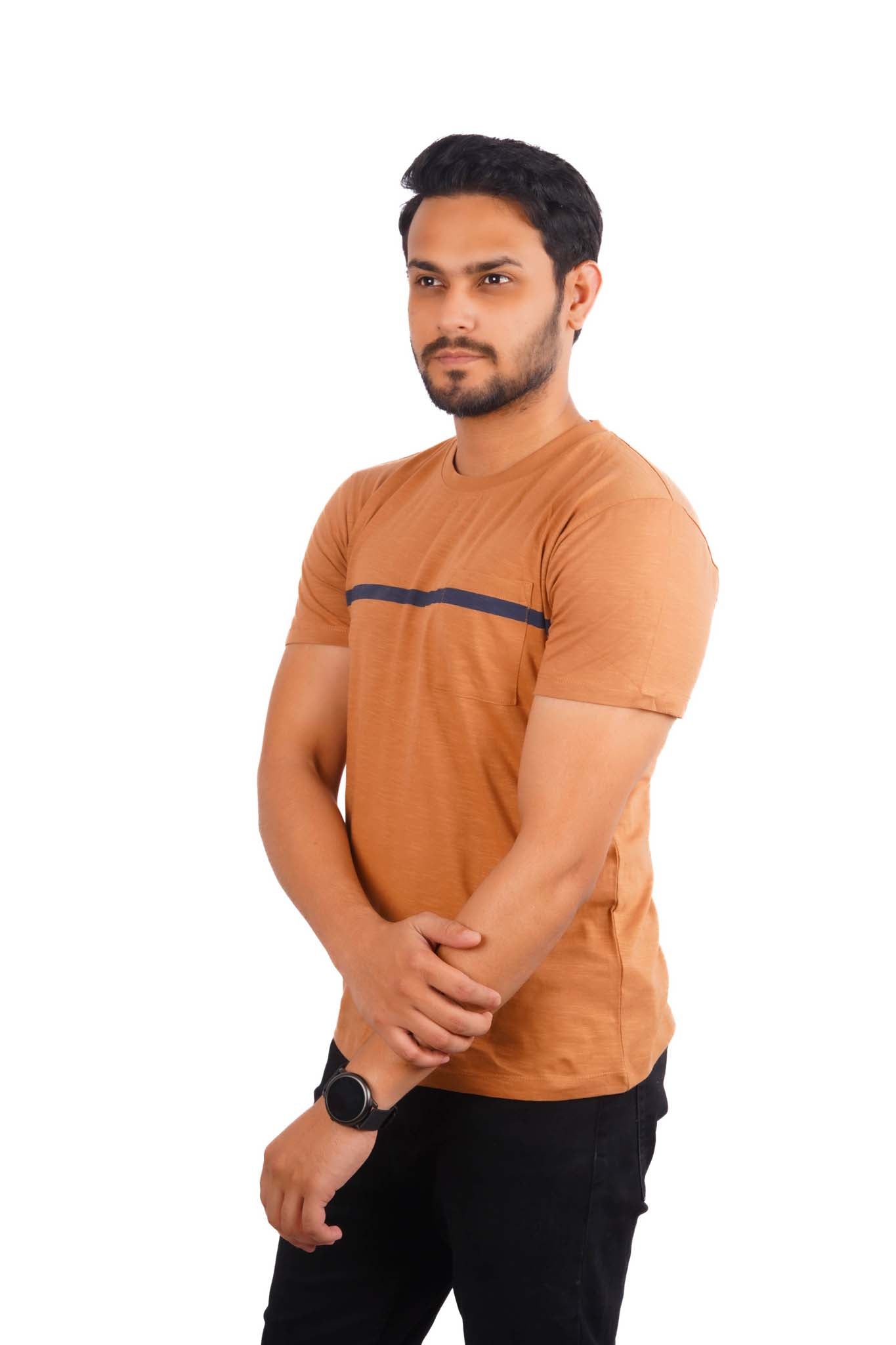 ESPRIT-MENS PREMIUM-BROWN T-SHIRT WITH BLUE CHEST STRIP