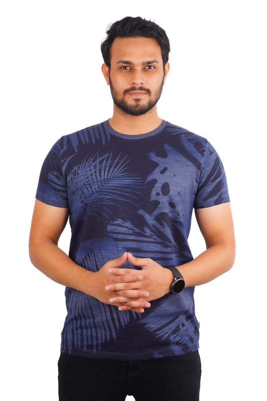 ESPRIT-MENS PREMIUM-ALL OVER LEAF PRINT-COTTON T-SHIRT | BLUE