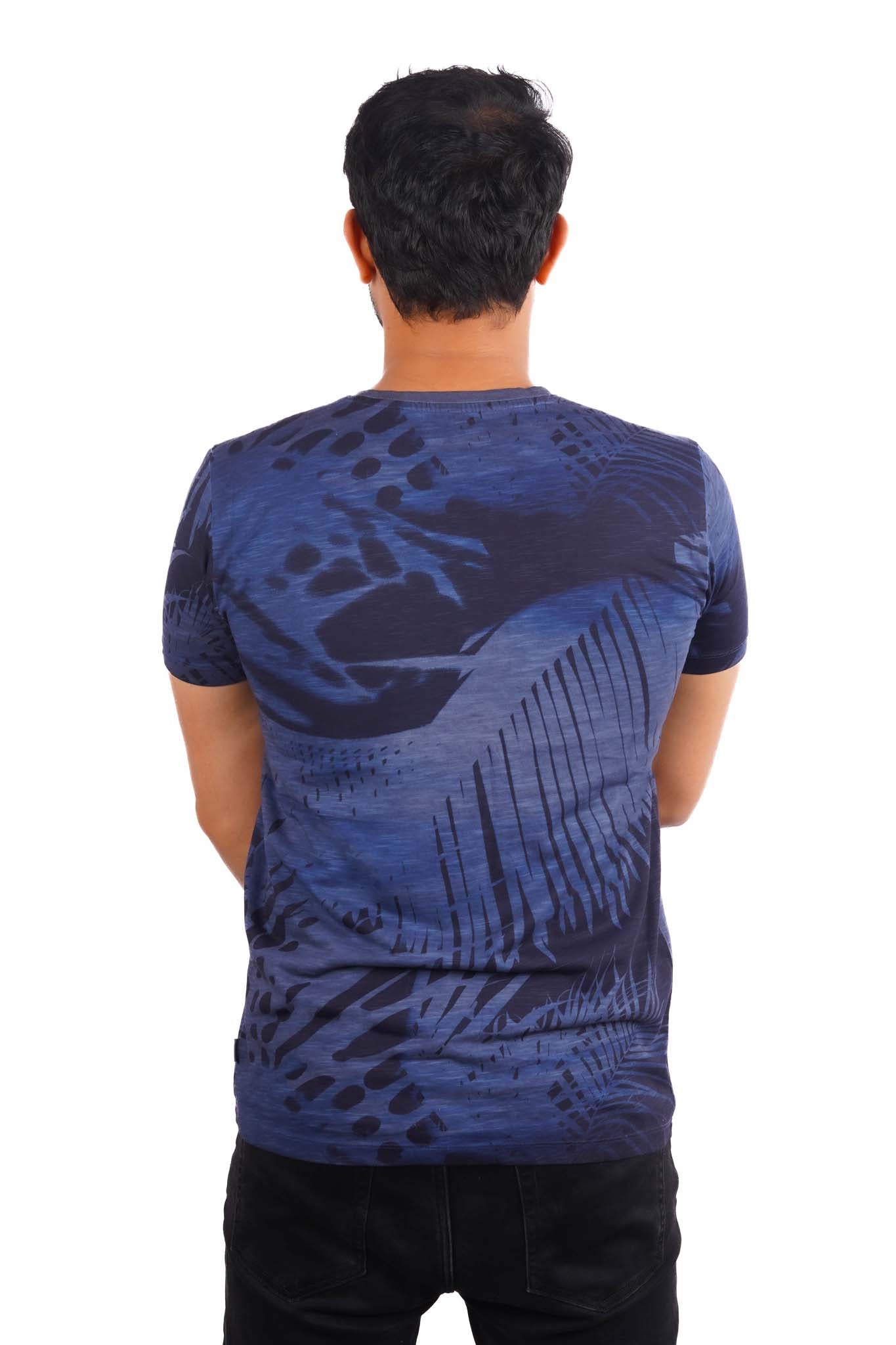 ESPRIT-MENS PREMIUM-ALL OVER LEAF PRINT-COTTON T-SHIRT | BLUE