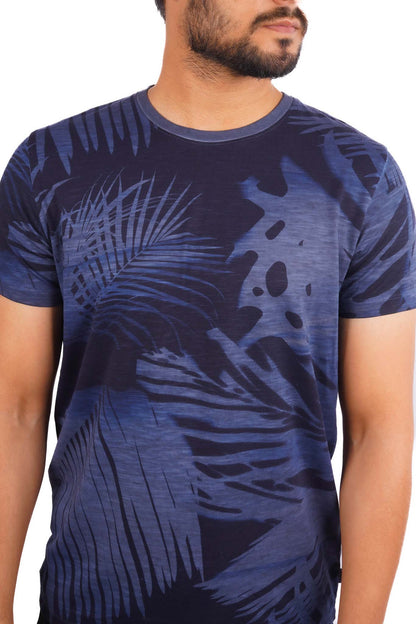 ESPRIT-MENS PREMIUM-ALL OVER LEAF PRINT-COTTON T-SHIRT | BLUE