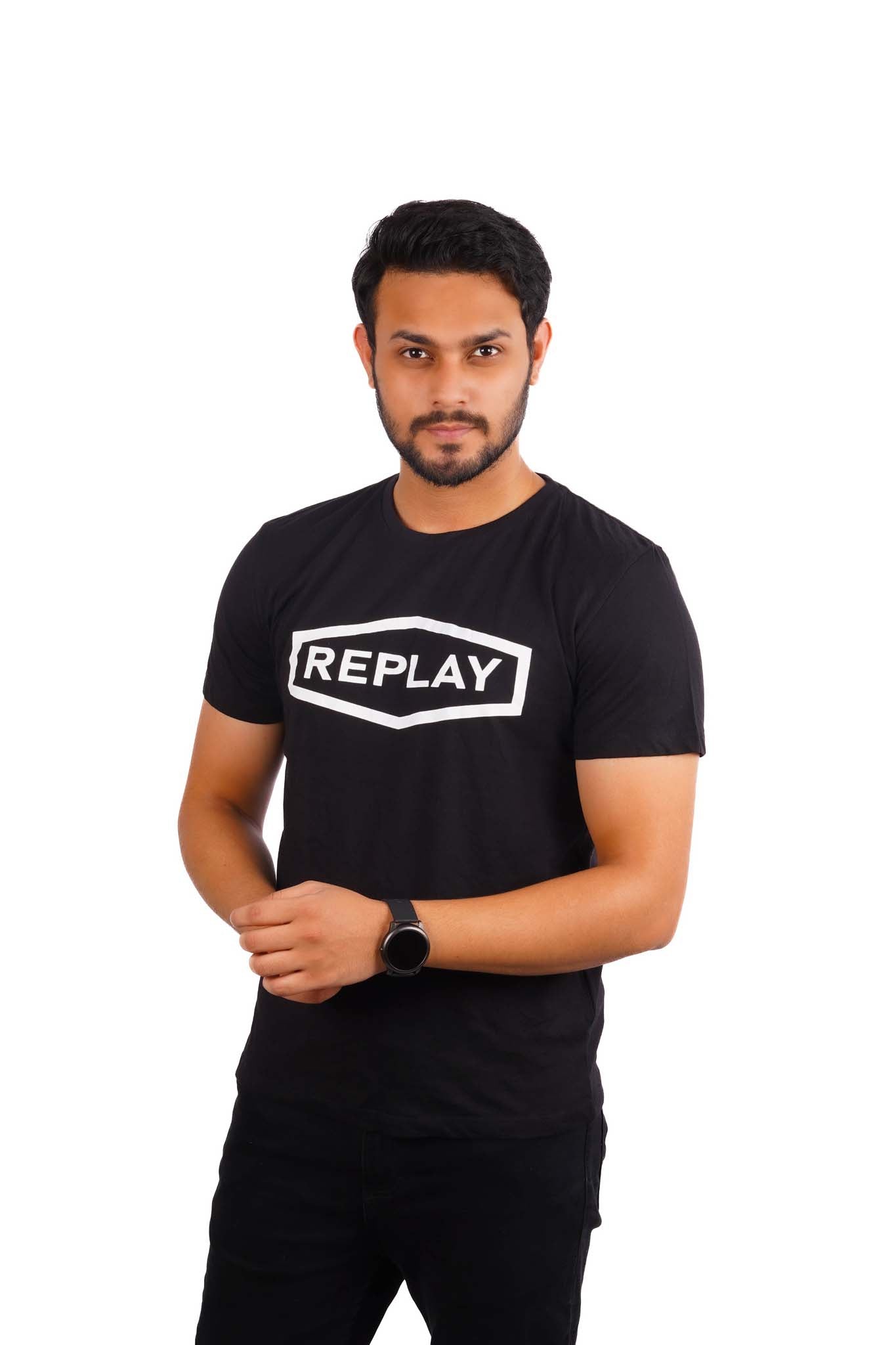 REPLAY. RAISED CENTRE LOGO CREW NECK T-SHIRT | BLACK