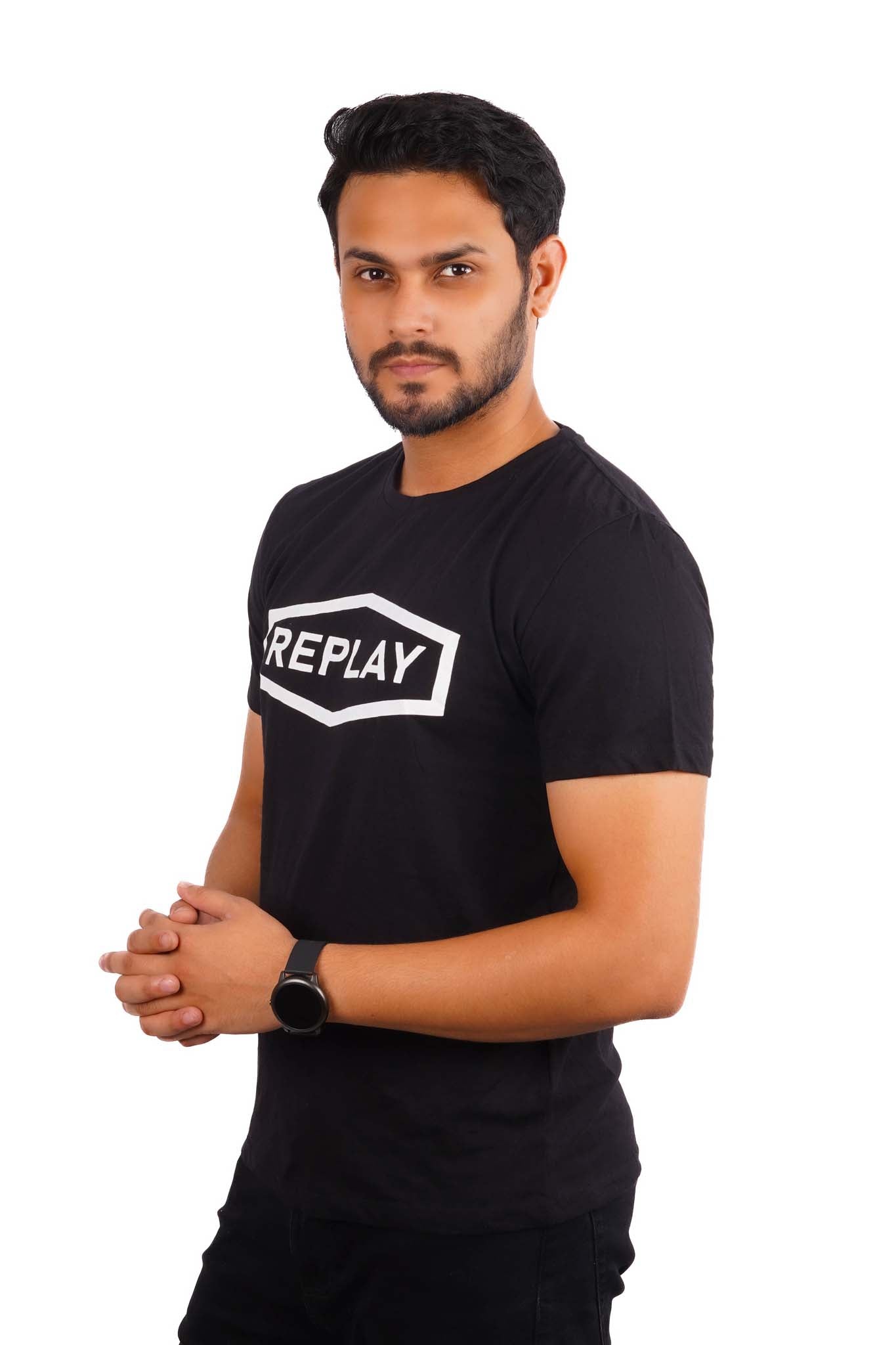 REPLAY. RAISED CENTRE LOGO CREW NECK T-SHIRT | BLACK