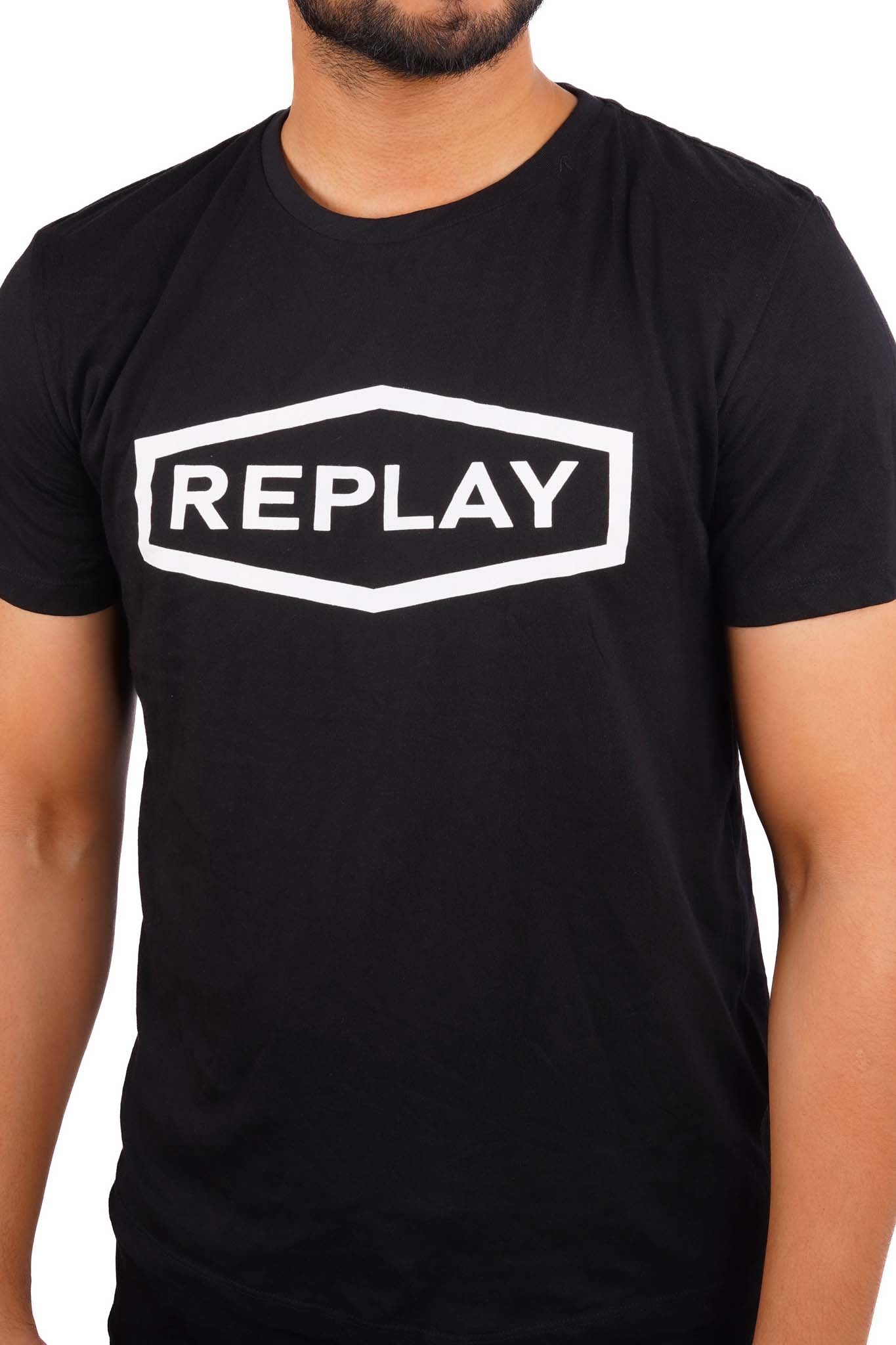 REPLAY. RAISED CENTRE LOGO CREW NECK T-SHIRT | BLACK