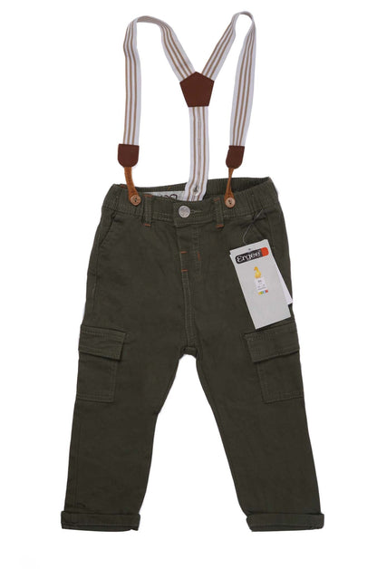 TRENDY STYLISH KHAKI DENIM PANT WITH STRIPED SUSPENDERS ISOLATED