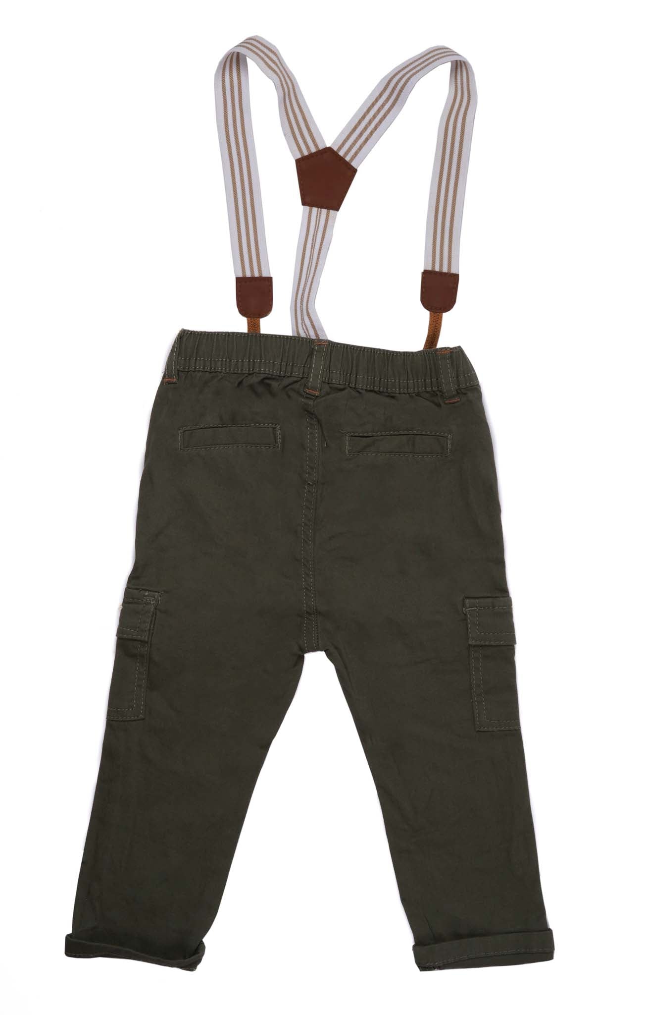 TRENDY STYLISH KHAKI DENIM PANT WITH STRIPED SUSPENDERS ISOLATED