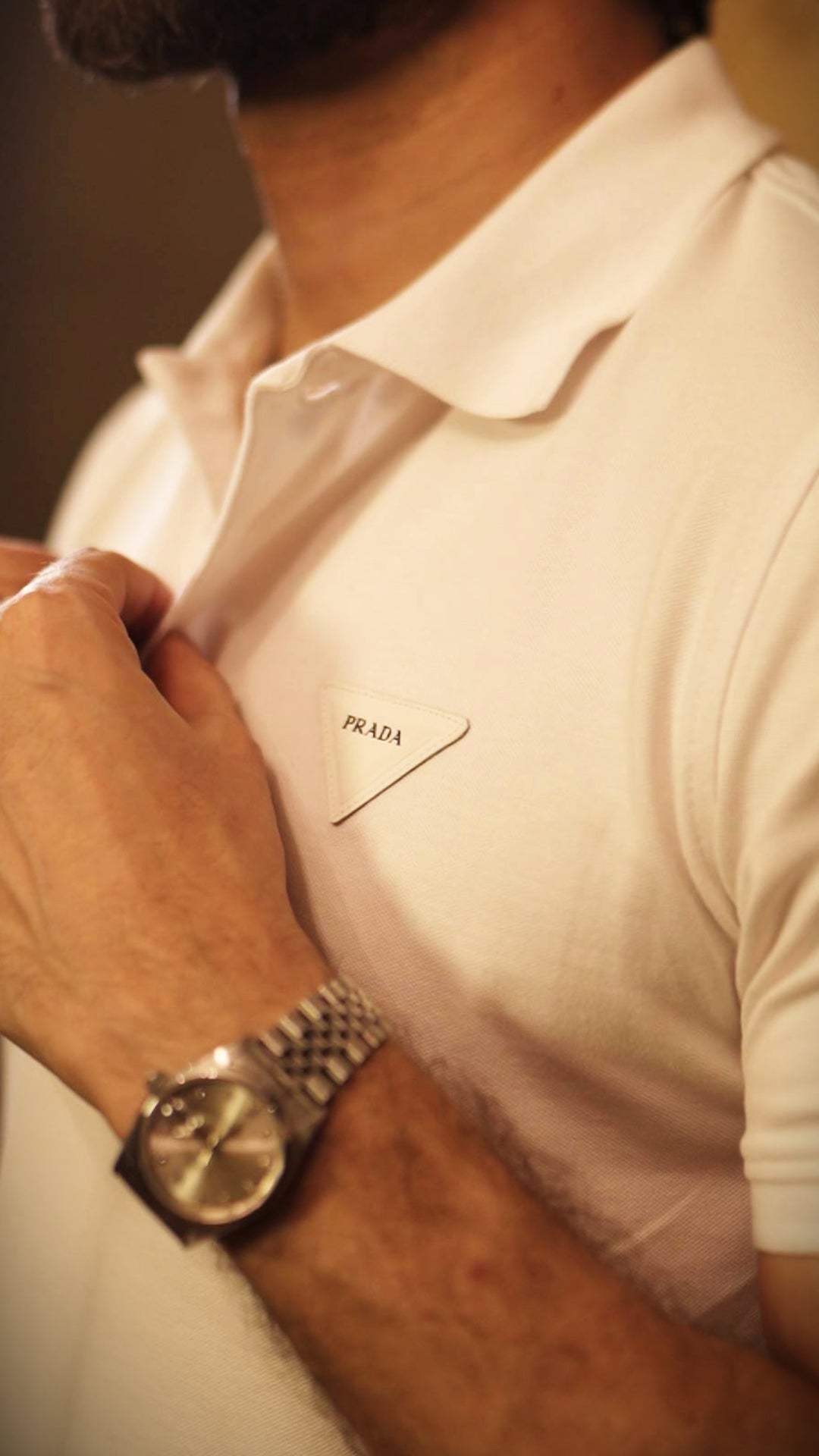 PRADA PIQUE MEN'S PLAIN TRIANGLE LOGO POLO | WHITE