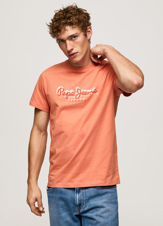 PEPE JEANS-COTTON T-SHIRT WITH PRINTED LOGO | SQUASH ORANGE