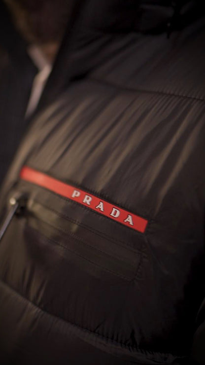 PRADA Men’s Premium Navy Puffer Jacket with Leather Patches and Detachable Hood