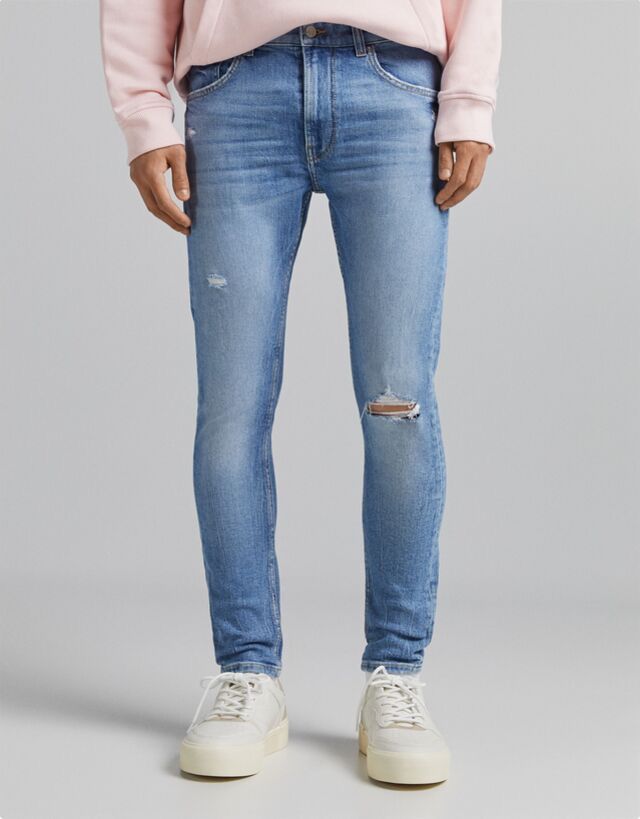 BERSHKA.-RIPPED-SKINNY-JEANS-MEN | LIGHT BLUE