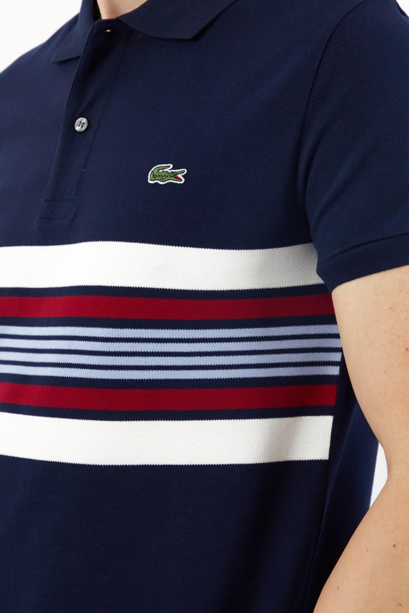 LACOSTE MEN SLIM SHORT SLEEVE EMBROIDERED LOGO SHIRT NAVY / WHITE COMBO