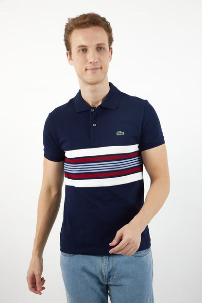 LACOSTE MEN SLIM SHORT SLEEVE EMBROIDERED LOGO SHIRT NAVY / WHITE COMBO