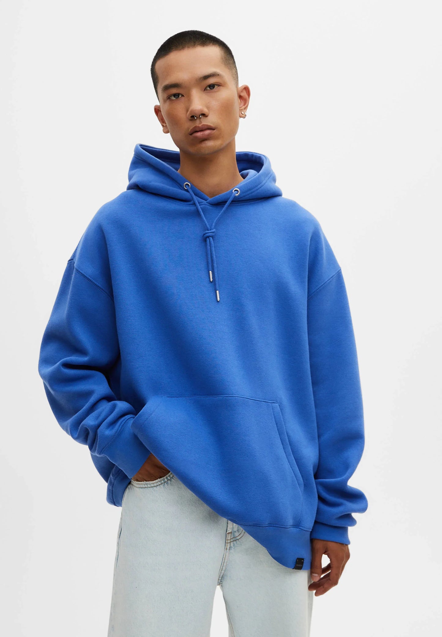 PULL & BEAR-BASIC HOODIE UNISEX | BLUE DENIM