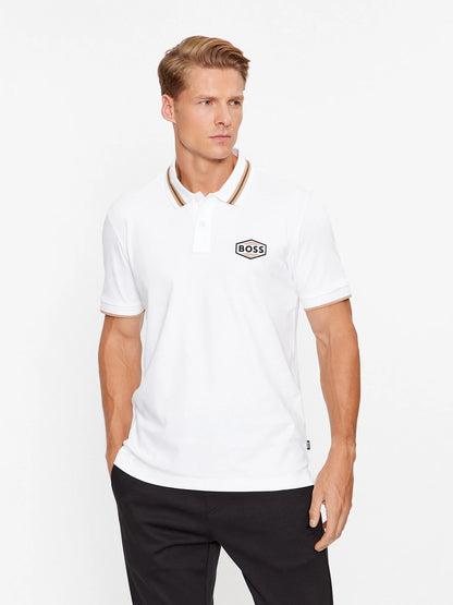 HUGO BOSS REGULAR FIT LOGO-PATCH POLO SHIRT IN COTTON MERERISED | WHITE