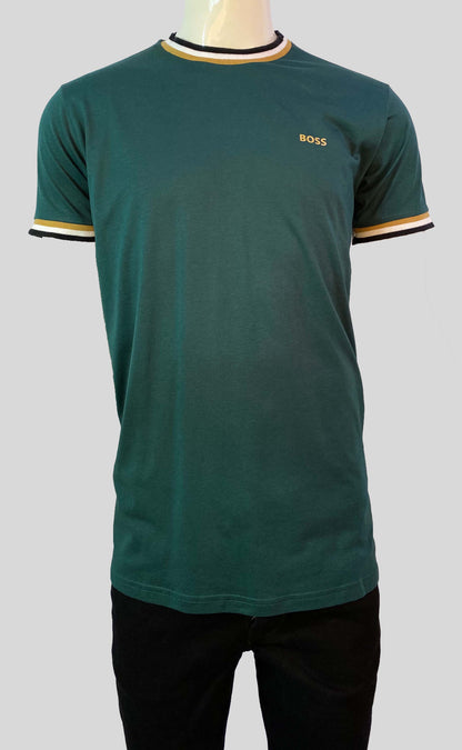 HUGO BOSS. X MATTEO BERRETTINI LOGO CREW-NECK T-SHIRT WITH SIGNATURE STRIPES | DARK GREEN