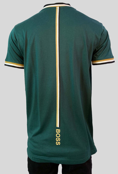 HUGO BOSS. X MATTEO BERRETTINI LOGO CREW-NECK T-SHIRT WITH SIGNATURE STRIPES | DARK GREEN