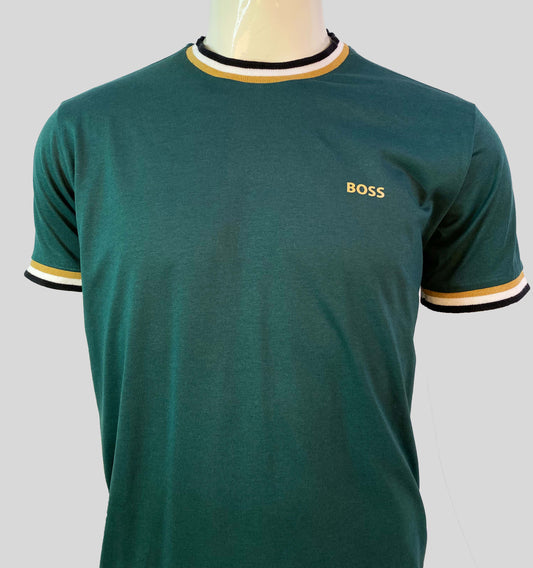 HUGO BOSS. X MATTEO BERRETTINI LOGO CREW-NECK T-SHIRT WITH SIGNATURE STRIPES | DARK GREEN