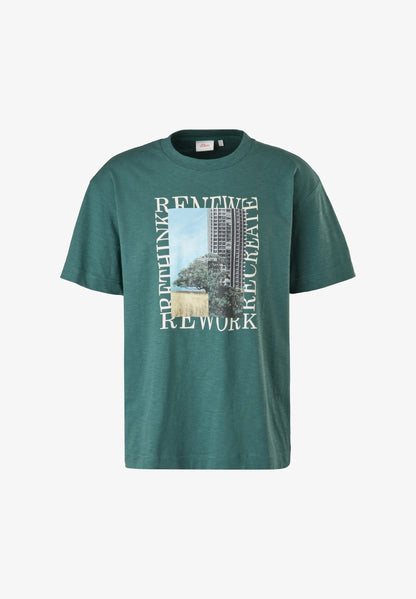 S.OLIVER  PREMIUM FRONT PRINT T-SHIRT | HUNTER GREEN