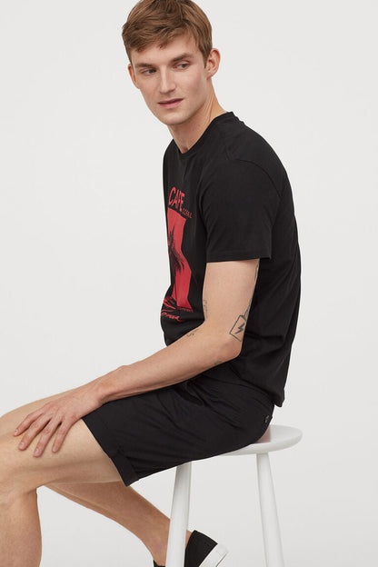 H&M T-SHIRT WITH A MOTIF PRINTED COTTON JERSEY | BLACK