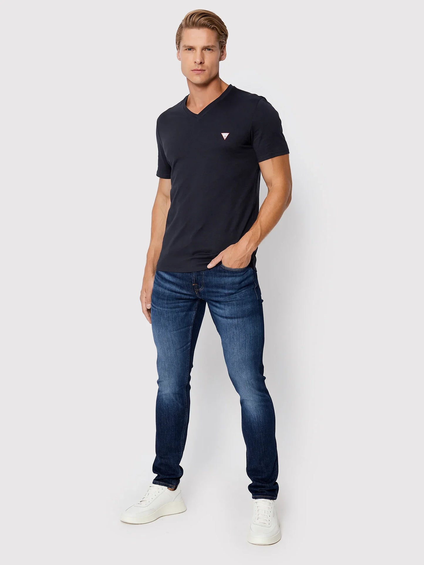 GUESS ECO CLASSIC LOGO SLIM FIT V-NECK T-SHIRT | NAVY BLUE