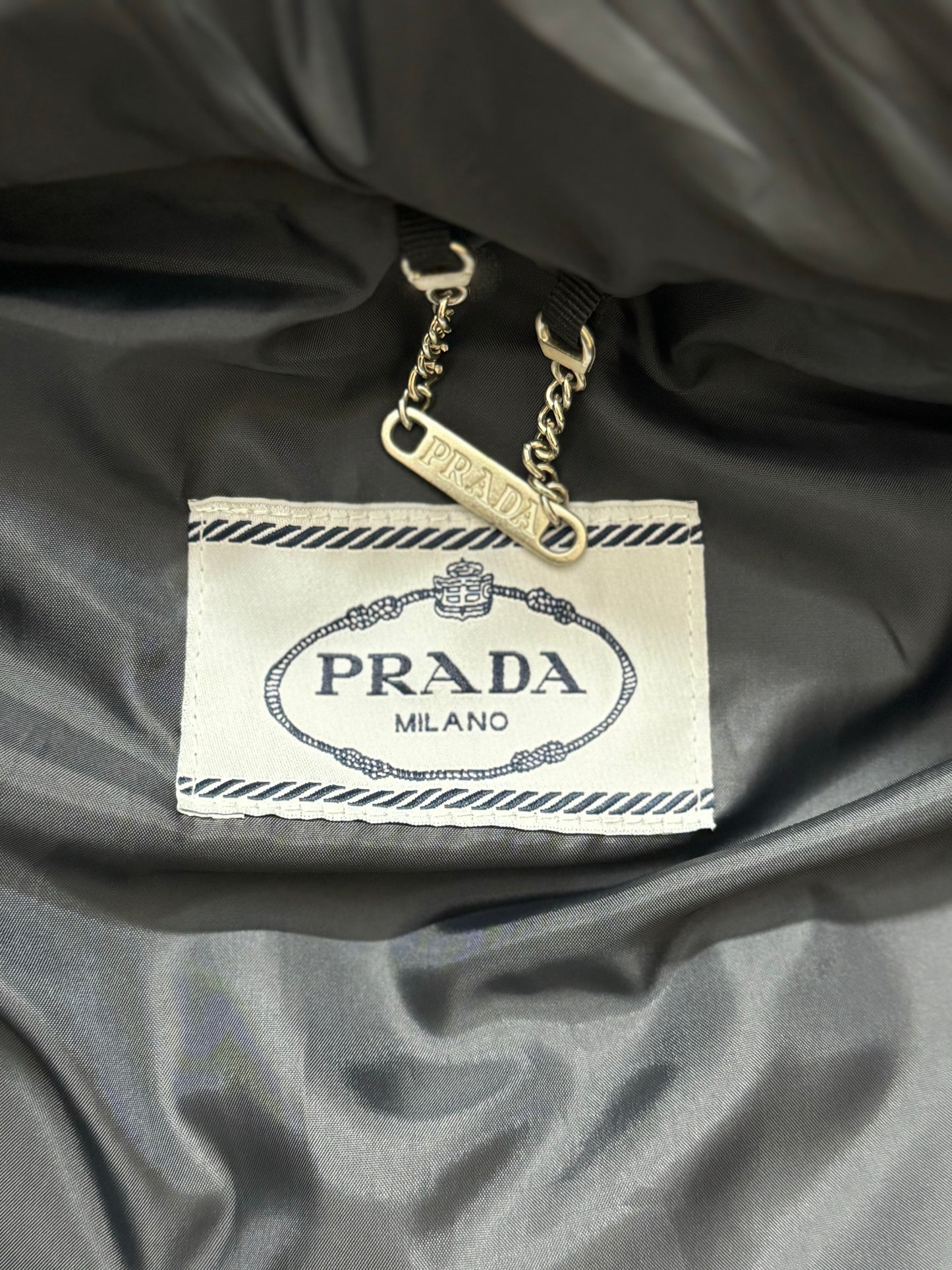 PRADA Men’s Premium Black Puffer Jacket with Leather Patches and Detachable Hood