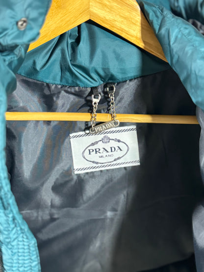 PRADA Men’s Premium Petrol Blue Puffer Jacket with Leather Patches and Detachable Hood