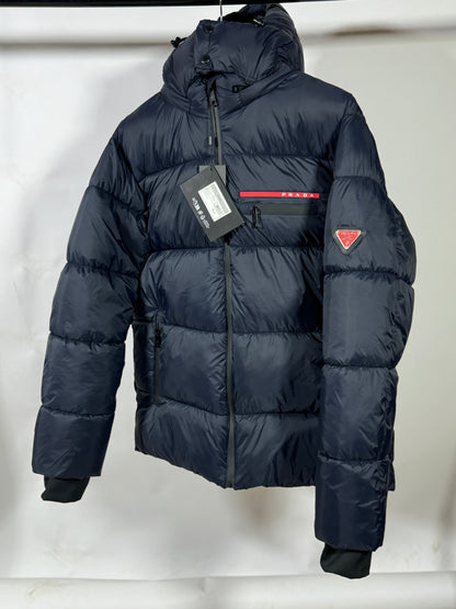 PRADA Men’s Premium Navy Puffer Jacket with Leather Patches and Detachable Hood